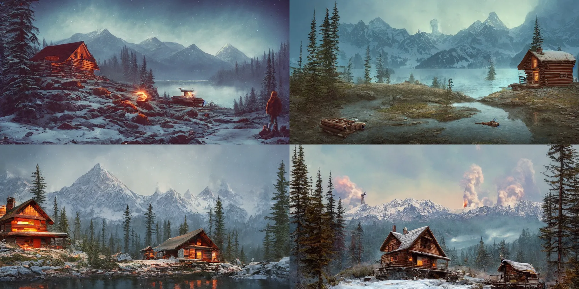 Prompt: a beautiful mountain lake surrounded by snowcapped mountains a log cabin with smoke coming from the chimney and an old rusty robot by James Gurney and Simon Stalenhag, trending on artstation