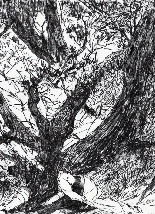 Prompt: a samurai resting beneath a giant tree, by takehiko inoue, masterpiece ink illustration, realistic face and anatomy