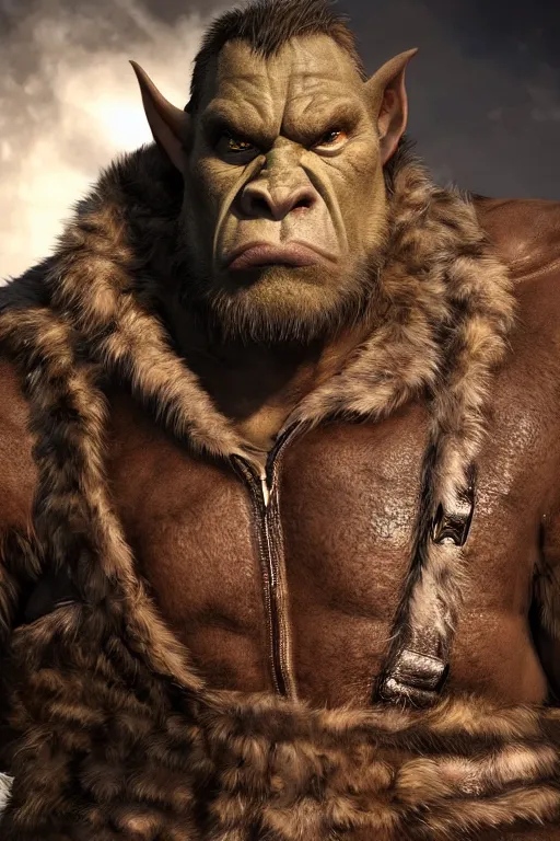 Image similar to A full body shot of a handsome orc looking into the camera wearing a leather fur jacket and boots, full body shot, detailed face, artstation, realistic, highly detailed, symmetrical, hyper realistic, dynamic pose, high detail, octane render, unreal engine, 8k, fantasy art, highly detailed, concept art