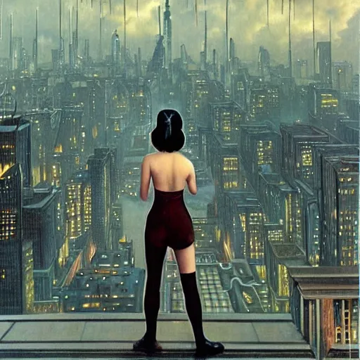 Prompt: “ girl standing on a roof looking down at a futuristic new york city below, ghostpunk, blade runner, cyberpunk, art nouveau, storm clouds, rain, very detailed, by gil elvgren ”