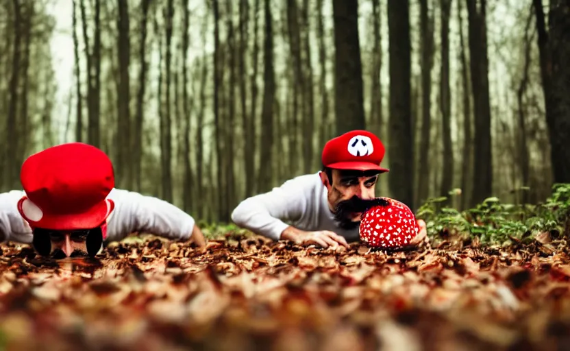 Image similar to italian man with a mustache dressed as mario wearing a solid red mario hat, crawling on the ground, eyes rolled back, licking a red mushroom with white spots, in a forest, photography, 5 0 mm lens, f 1. 8