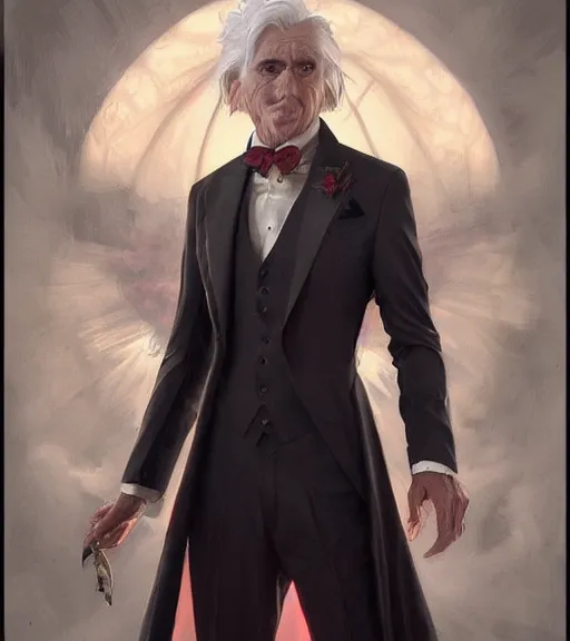 Prompt: a vampire wearing a golden dress, grey hair, red necktie, cinematic, stunning, highly detailed, digital painting, artstation, smooth, hard focus, full body shot, illustration, art by artgerm and greg rutkowski and alphonse mucha