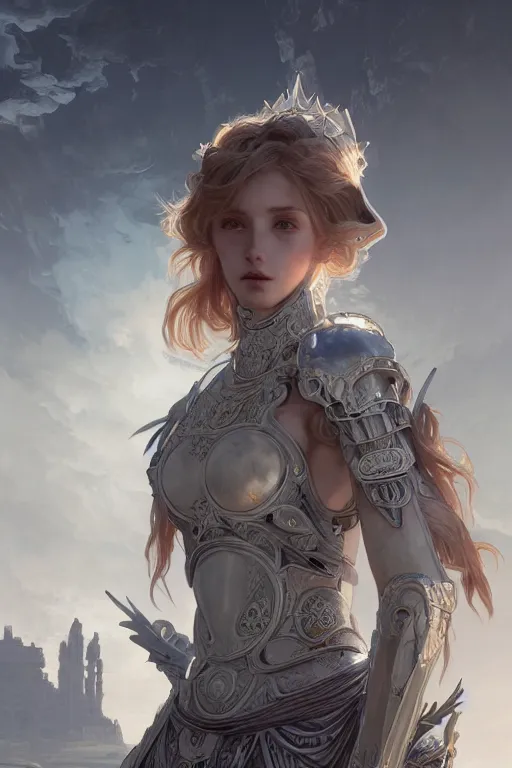 Image similar to portrait young knights of Zodiac girl, matt white color armor, in ruined Agora of Athens Sunrise, ssci-fi and fantasy, intricate and very beautiful and elegant, highly detailed, digital painting, artstation, concept art, smooth and sharp focus, illustration, art by tian zi and WLOP and alphonse mucha