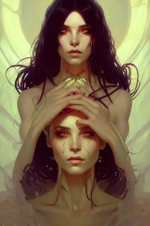 Image similar to a beautiful necromancer woman, fantasy, portrait, sharp focus, intricate, elegant, digital painting, artstation, matte, highly detailed, concept art, illustration, ambient lighting, art by ilya kuvshinov, artgerm, Alphonse mucha, and Greg Rutkowski