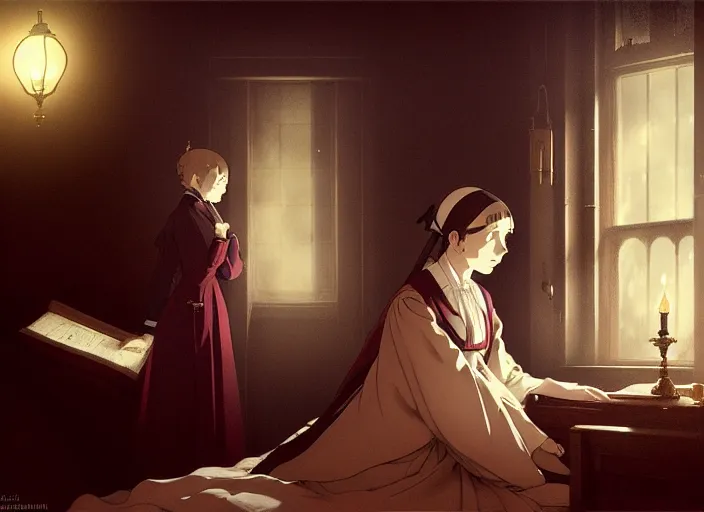 Image similar to victorian britain 1 8 3 6, 1 6 year old florence nightingale, has a vision of god telling her to become a nurse, in a luxurious english victorian bedroom, night time, lamp light, finely detailed perfect art, gapmoe yandere grimdark, trending on pixiv fanbox, painted by greg rutkowski makoto shinkai takashi takeuchi studio ghibli