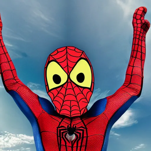 Image similar to spiderman wearing spongebob costume, straight photo, centered