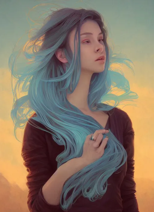 Prompt: handsome young women with shoulder length light blue hair, half body shot, path traced, highly detailed, high quality, digital painting, alena aenami, lilia alvarado, shinji aramaki, karol bak, alphonse mucha, tom bagshaw