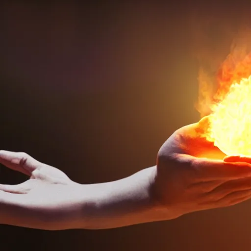 Prompt: close up telephoto shot of a mage holding a fireball in their hands, highly detailed VFX, CGI render