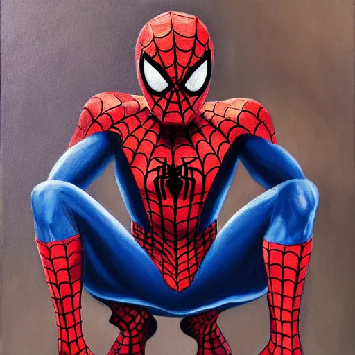 Image similar to spiderman kneels, praying to spider god, oil painting