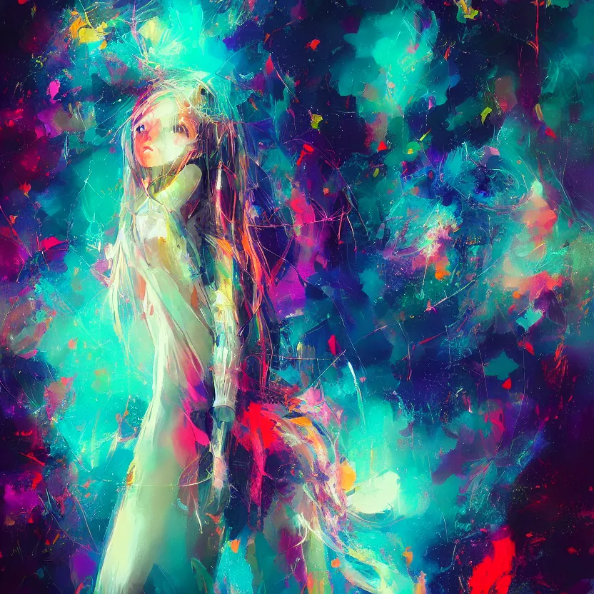 Prompt: # abstract painting of a # megical # girl, # mist # magic # spell, by yoshitaka amano and alena aenami