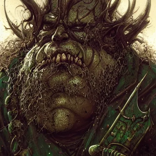 Prompt: closeup portrait shot of john candy as nurgle, the lord of pestilence, the plaguefather, great corrupter, decay, highly detailed, digital painting, artstation, concept art, soft focus, depth of field, artgerm, tomasz alen kopera, peter mohrbacher, donato giancola, wlop, boris vallejo