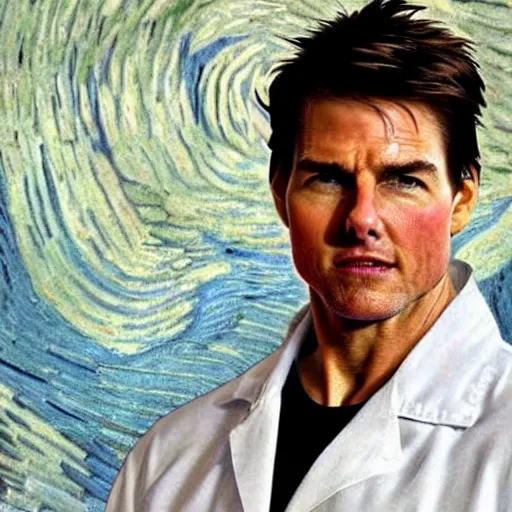 Prompt: Tom Cruise in white lab coat by Van Gogh