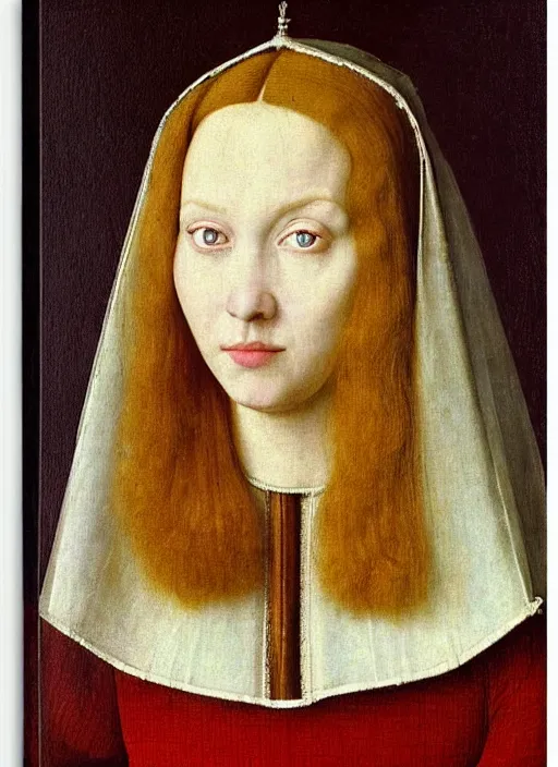 Image similar to half - length portrait of young woman in medieval dress, art by jan van eyck,