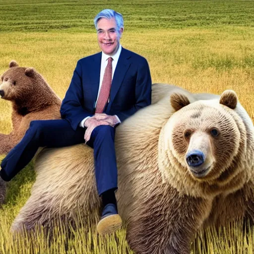 Prompt: a photo of a bear in a field. Jerome Powell is sitting on top of the bear.