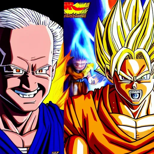 Image similar to ultra realistic portrait painting of joe biden as super saiyan goku, art by akira toriyama, 4 k, dragon ball artstyle, cel shaded, highly detailed, epic lighting