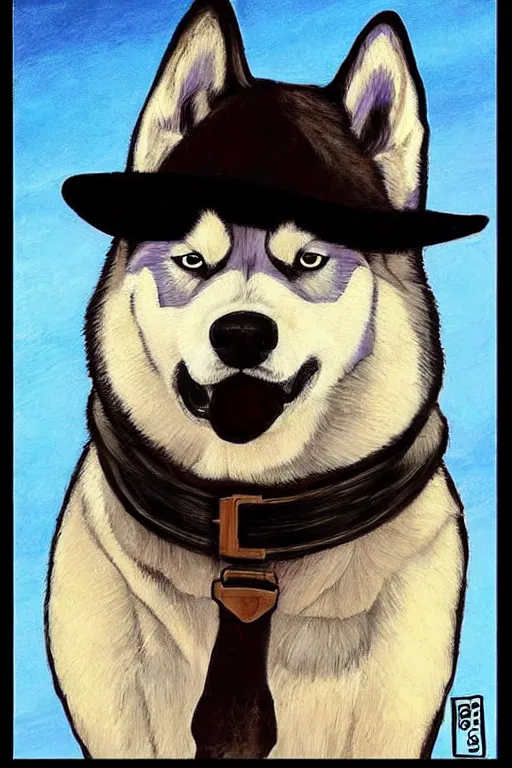 Prompt: a portrait painting of a husky in cowboy costume in the style of anime, a fistful of dollars, per un pugno di dollari