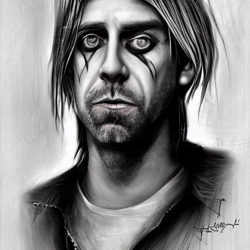 Image similar to surrealism grunge cartoon portrait sketch of Kurt Cobain, by michael karcz, loony toons style, freddy krueger style, horror theme, detailed, elegant, intricate