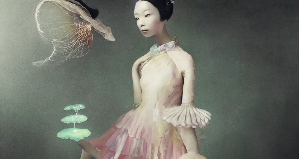 Prompt: closeup shot of asian female wearing a luminous soft fragile jelly fish dress, by ray caesar, by louise dahl wolfe, by andrea kowch, by anna claren, surreal photography