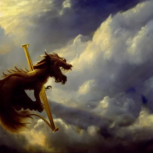 Prompt: Luck dragon playing a harp in the cumulous clouds, never ending story, hyper realistic fur, illustration, concept art, artstation, cool colors, yellow lighting from right, heartwarming, peaceful, 4k, art of ILM, style of trending artstation, by Eugène Delacroix, John Constable, J M W Turner, Romanticism