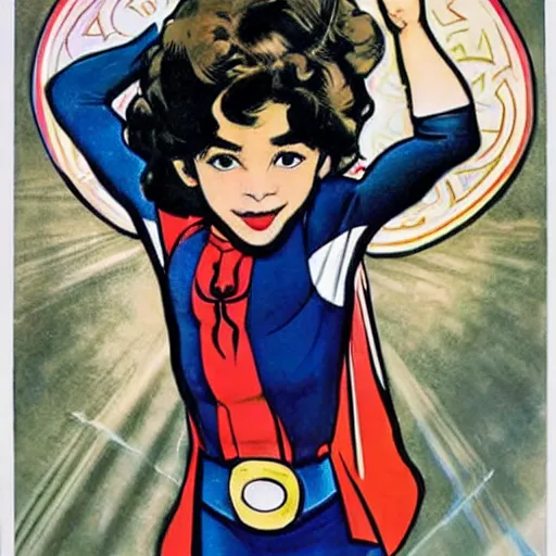Prompt: a little girl with a mischievous face and light brown curly wavy hair. she is dressed as captain america, spider - man, batman, captain marvel, a superhero. well composed, clean elegant painting, beautiful detailed face. by steve ditko and jack kirby and alphonse mucha