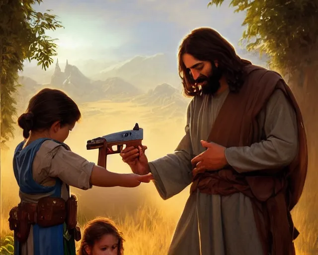 Prompt: photography of jesus christ teaching a child how to reload a ak 4 7, d & d, fantasy, intricate, elegant, highly detailed, digital painting, artstation, concept art, matte, sharp focus, illustration, hearthstone, art by artgerm and greg rutkowski and alphonse mucha