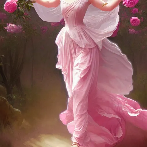 Image similar to very beautiful woman dressed in a vaporous wrapped large victorian pink roses silk semi-transparent dress fashion is running, fantasy, intricate, elegant, highly detailed, digital painting, trending on artstation, concept art, matte, sharp focus, illustration, art by Artgerm and Greg Rutkowski and Alphonse Mucha