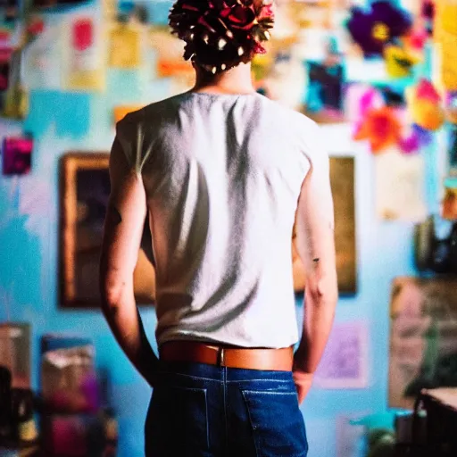 Prompt: kodak portra 4 0 0 photograph of a skinny blonde guy standing in cluttered art studio, back view, flower crown, moody lighting, moody vibe, telephoto, 9 0 s vibe, blurry background, vaporwave colors, faded!,