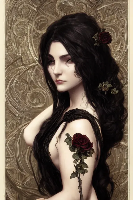 Image similar to beautiful gothic female with black roses surrounding her, Black Hair, intricate, elegant, highly detailed, digital painting, artstation, concept art, smooth, sharp, focus, illustration, art by artgerm and greg rutkowski and alphonse mucha