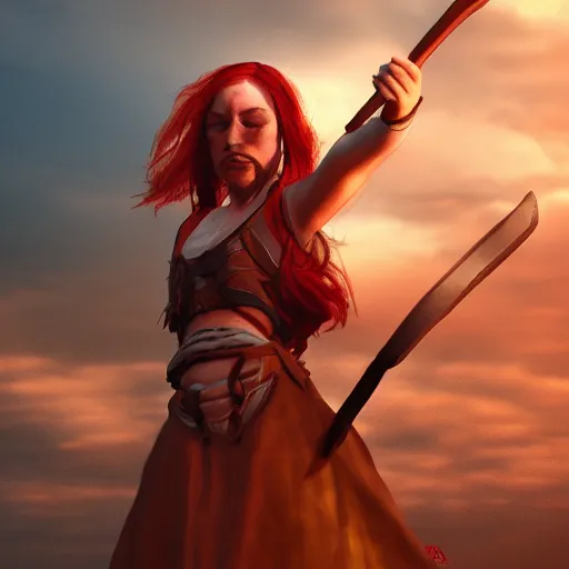 Image similar to Beautiful red haired warrior priestess in action pose practising in the monastery, sunset, backlit, digital art, trending on ArtStation