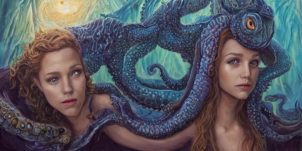 Prompt: Fantasy fairytale style portrait painting, Great Leviathan Turtle, cephalopod, Cthulhu Squid, hybrid, Mythic Island, center Universe, accompany Cory Chase, Blake Lively, Anya_Taylor-Joy, Grace Moretz, Halle Berry, Mystical Valkyrie, Anubis-Reptilian, Atlantean Warrior, hybrid, intense fantasy atmospheric lighting, hyperrealistic, William-Adolphe Bouguereau, François Boucher, Michael Cheval, Oil Painting, Cozy, hot springs hidden Cave, candlelight, natural light, lush plants and flowers, Spectacular Mountains, bright clouds, luminous stellar sky, outer worlds, Jessica Rossier, michael whelan, Solar Flare HD,