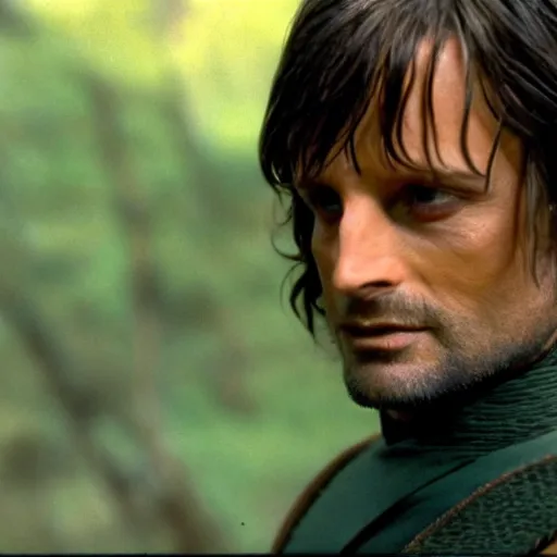 Image similar to Aragorn as Scotty on Star Trek: The Original Series, red shirt, no crop, face visible, sharp focus, high quality, very realistic, 4k