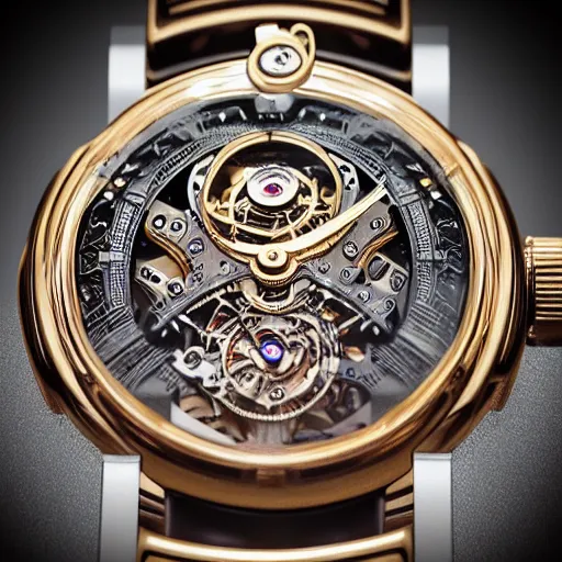 Image similar to “a highly intricate tourbillon watch, steampunk style, extreme detail, 3D render, octane 3D, studio lighting, 8K”