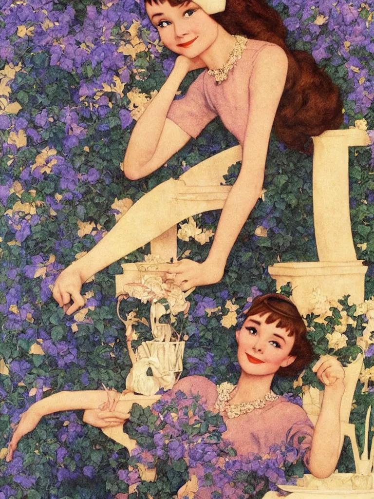 Image similar to Audrey Hepburn in Breakfast at Tiffany's by Maxfield Parrish, Art Nouveau