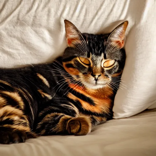 Prompt: sunbeam across a tortoiseshell cat napping on a bed, beautiful photo, natural light