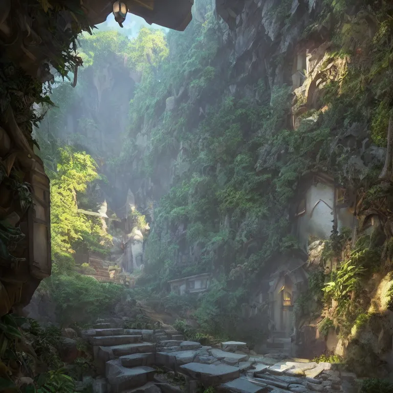 Image similar to secret overwatch hallway for living quarters carved inside a mountain surrounding a lush garden, trimmed, magical, natural light, cozy, fantasy, minimalist architecture, sharp focus, concept art, by greg rutkowski and craig mullins,, octane render 8 k