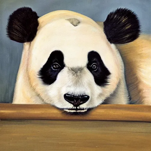 Prompt: oil painting portrait by lucien freud of a panda.