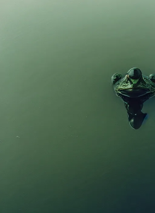 Image similar to “semitranslucent smiling frog amphibian vertically hovering over misty lake waters in Jesus Christ pose, low angle, long cinematic shot by Andrei Tarkovsky, paranormal, eerie, mystical”