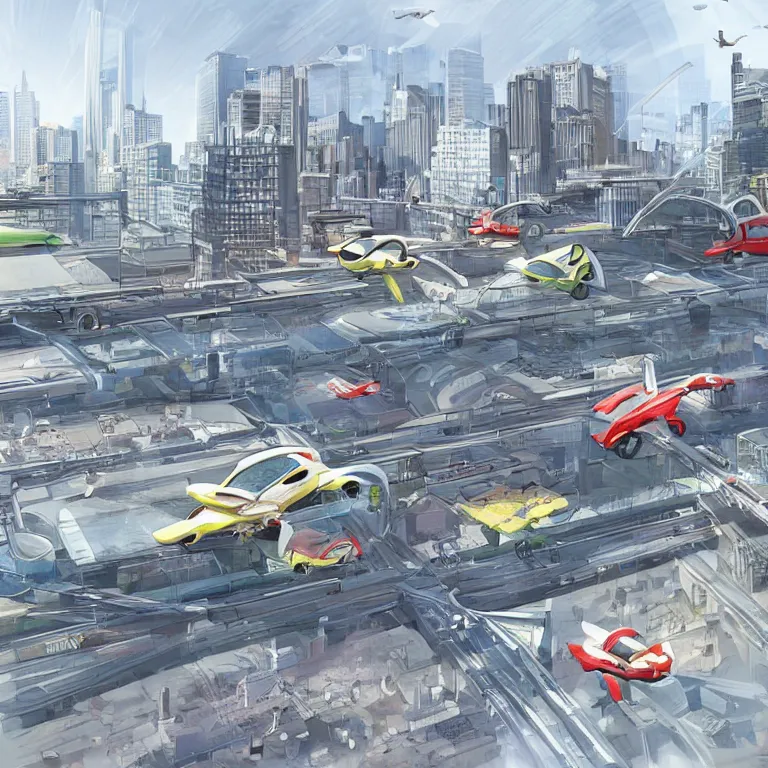 Image similar to flying cars in the city some stop at stations, concept art