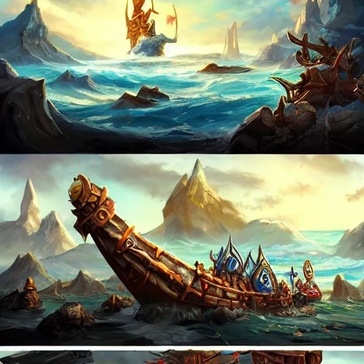 Prompt: arcane style viking battleship, viking cannons, viking spears and axes. spear and axes, blue sea waves background, bright art masterpiece artstation. 8 k, sharp high quality artwork, concept art by tooth wu, blizzard warcraft artwork, hearthstone card artwork