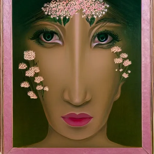 Image similar to portrait of a beautiful woman with lotus flowers in the place of eyes.