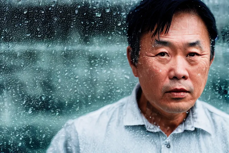 Image similar to a cinematic headshot portrait of a middle aged asian man, through a steamed up window, movie still, ocean background, waves, rain, dramatic lighting, back light, hair light, rim light, 4 k, ultra realistic