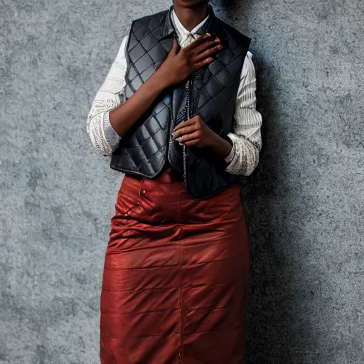 Image similar to realistic photoshooting for a new heliot emil lookbook color film photography portrait of a beautiful woman model paneled down - filled quilted polyester taffeta vest, photo in style of tyler mitchell