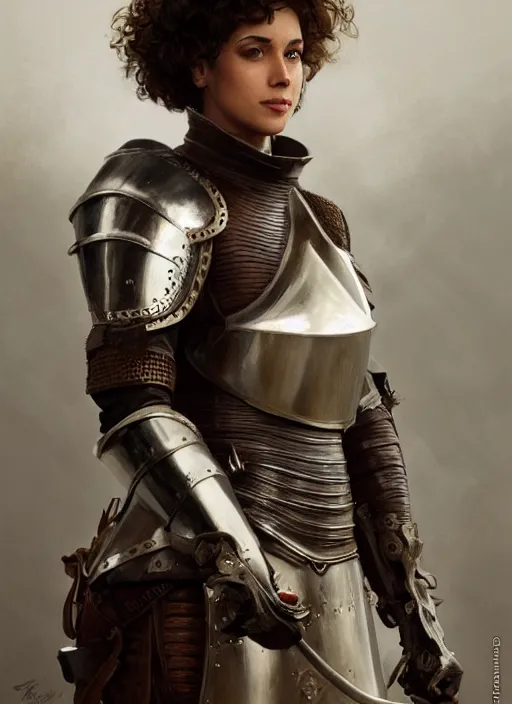 Image similar to medium-length portrait of a female knight with short curly hair and brown eyes, dark brown skin, happy expression, wears a combination of plate armor and boiled leather, medieval setting, highly detailed, digital painting, artstation, concept art, sharp focus, illustration, art by greg rutkowski and alphonse mucha