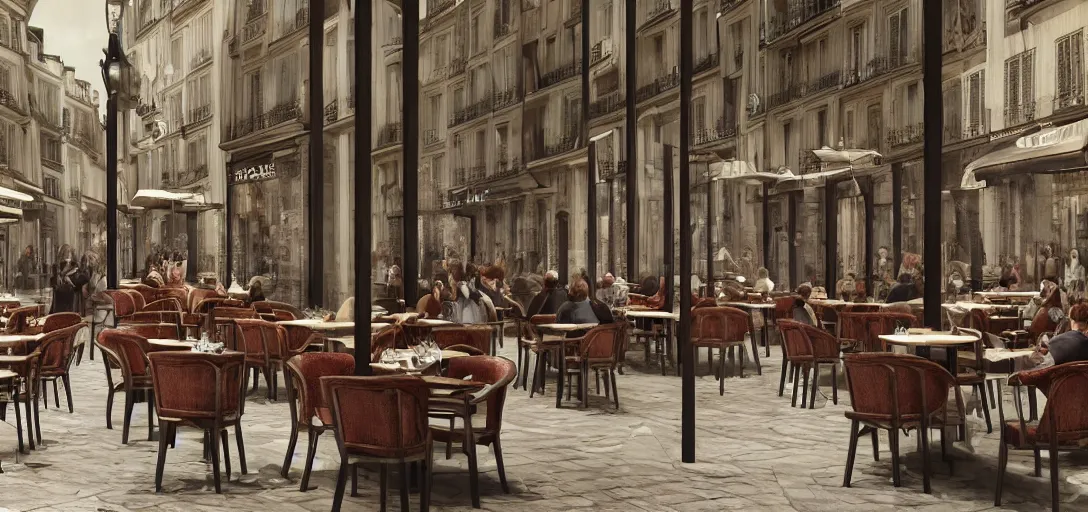 Image similar to a photorealistic render of a parisian cafe at lunch time but all the chairs look like the iron throne, iron throne from game of thrones, fancy french waiters, ultra detailed face, 8 k, artstation, volumetric lighting, smooth, highly detailed, octane render, by andres rocha and albert bierstadt and greg rutkowski