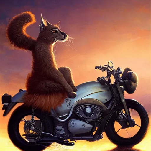 Image similar to cute fluffy caracal riding a harley motorcycle, road, sunset. adventurous, atmospheric lighting, stunning. by ted nasmith, gaston bussiere, craig mullins, j. c. leyendecker, rossdraws, james jean, andrei riabovitchev, marc simonetti, krenz cushart, trendig on artstation, digital art