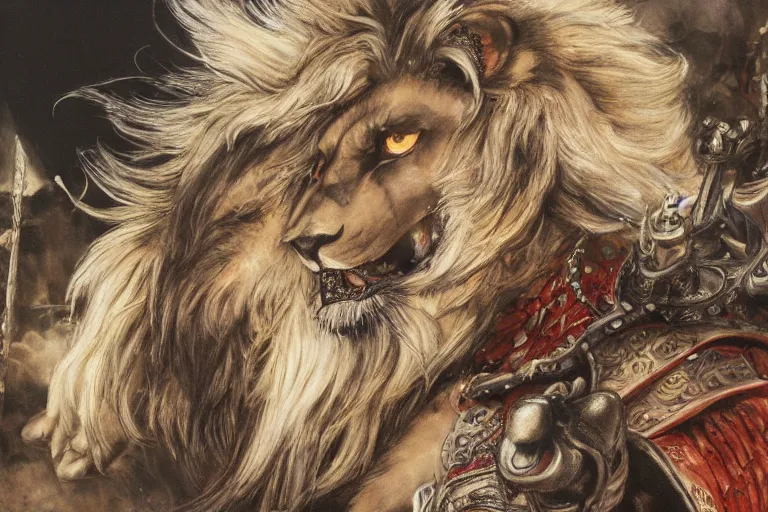 Image similar to 8k Yoshitaka Amano painting of upper body of a young cool looking lion beast-man at a medieval market at windy day. White mane, Depth of field. He is wearing complex fantasy armors. He has huge paws. Renaissance style lighting.