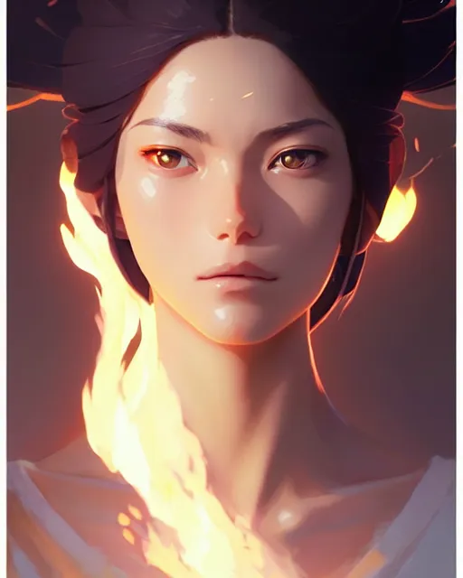 Image similar to woman, detailed perfect face, exquisite details, fire magic, mid view, design on a white background, by studio muti, greg rutkowski makoto shinkai takashi takeuchi studio ghibli