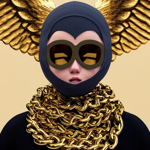 Prompt: a high tech 3 d rendering of a a baby cherub angel wearing a balaclava face mask, ski mask, face covered, covered face, fixed eyes, tattoos, multiple gold cuban chain necklace, concept art octane render, blender, cinema 4 d