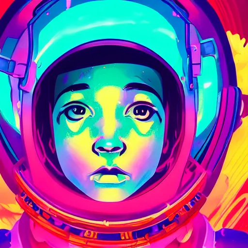 Prompt: a stylized portrait of a young boy as an astronaut with a ray-gun, stylized, arcane magic, magenta and turquoise vapor, vaporwave, vivid color, lens flare, volumetric light from above, background by liam wong, art by raymond swanland + marc simonetti + greg rutkowski + harumi hironaka