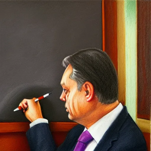 Prompt: viktor orban drawing a map in a cubicle, oil painting